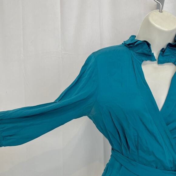 DIANE VON FURSTENBERG DVF Silk Wrap Top Long Sleeve Stretch Teal Blue Size 4 - Picture 6 of 8
